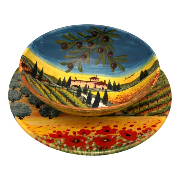Set da tavola piatto e ciotola con decorazione paesaggio toscano in ceramica senese