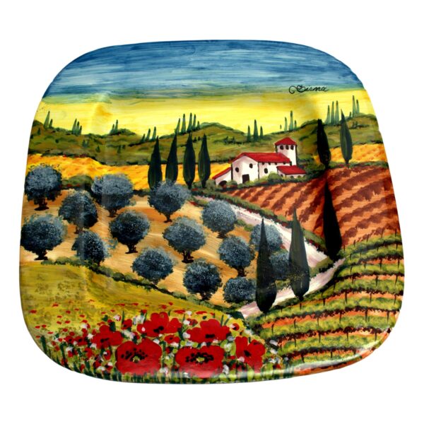 Piatto quadrato con paesaggio toscano in ceramica senese