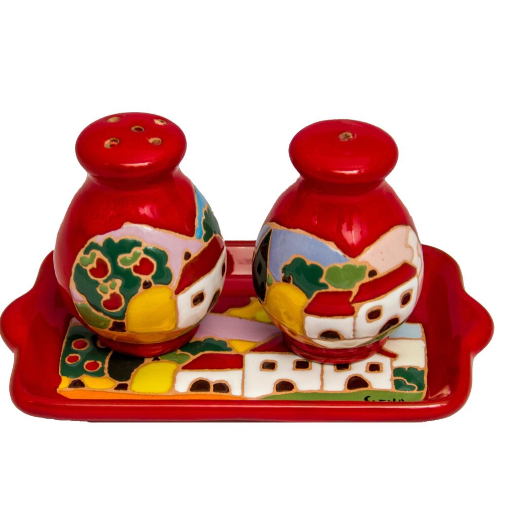Sale e pepe con paesaggio senese e toscano in ceramica senese Antica
